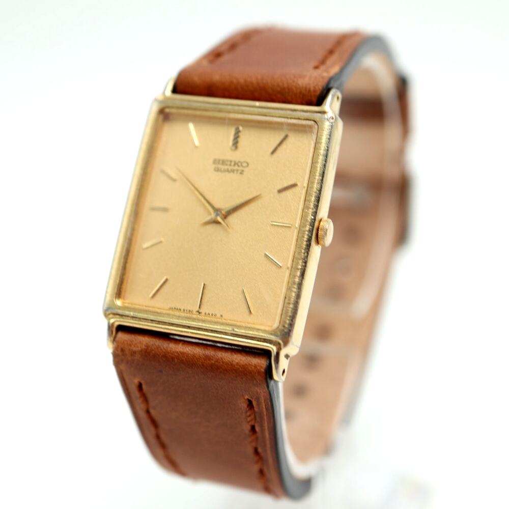 Vintage Seiko Gold Tone 25mm Tank Watch Brown Leather 5Y30-5A09 w New Battery